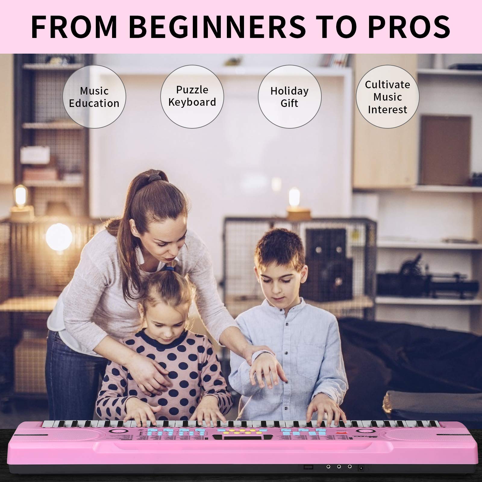 Under side view of the portable pink 24HOCL keyboard piano highlighting the secure battery compartment slot.