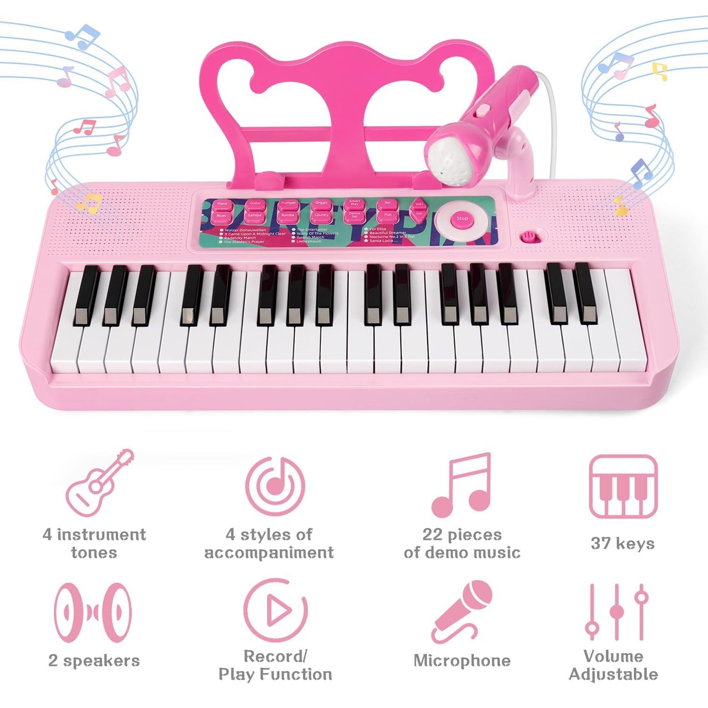 Side angle of the Baoli toddler piano showcasing the dual speaker layout and microphone stand