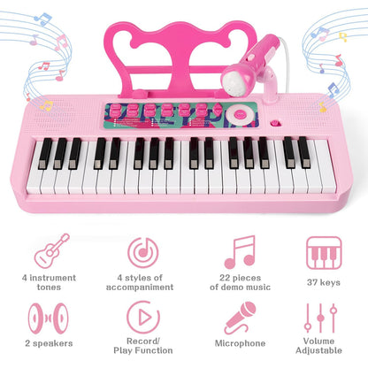 Side angle of the Baoli toddler piano showcasing the dual speaker layout and microphone stand