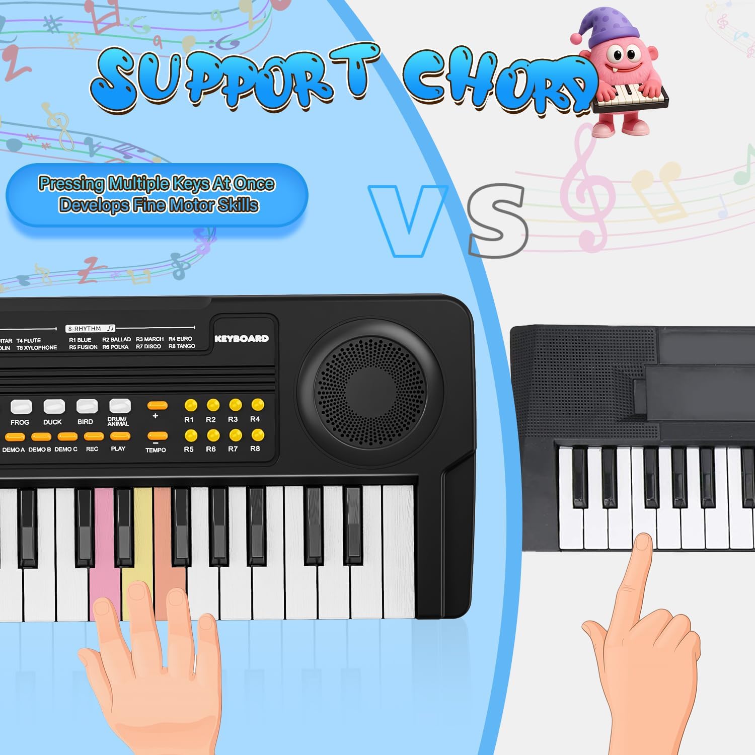 MusicForset toddler electronic keyboard close up highlighting the plug in microphone and dual speakers.