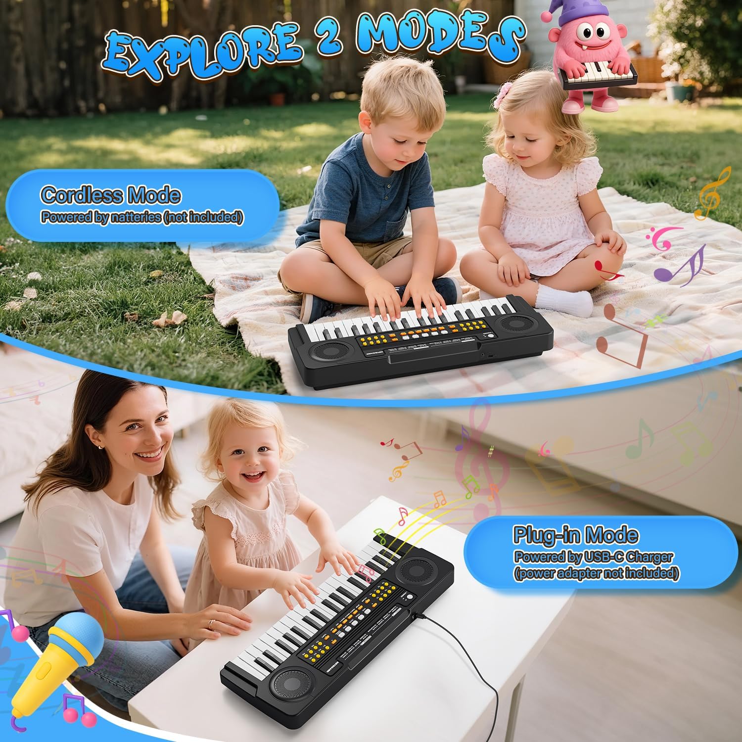 MusicForset 37 key piano side profile demonstrating the slim portable structure for young children.