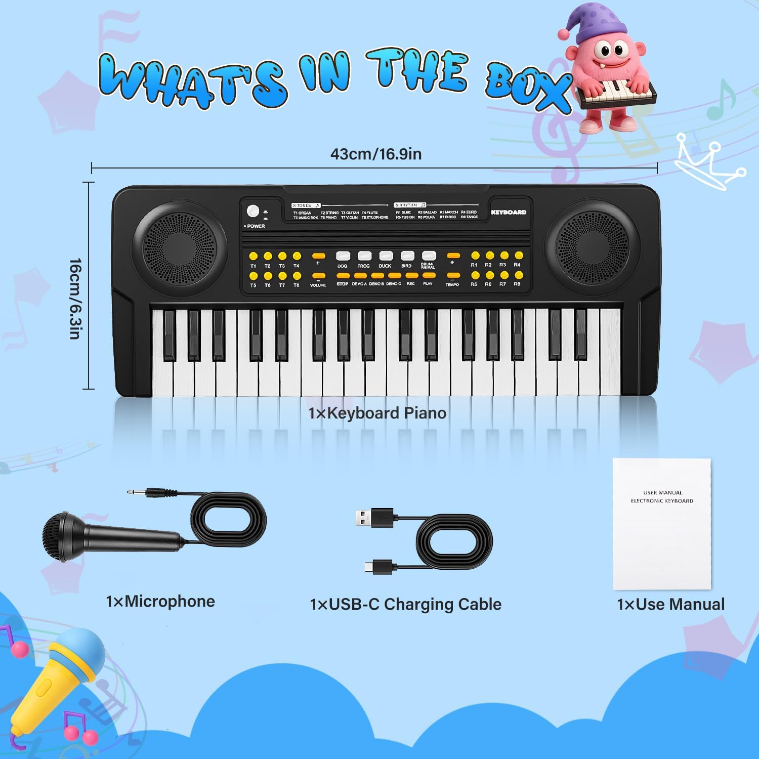 MusicForset children learning instrument back view showcasing the battery compartment and USB-C power port.