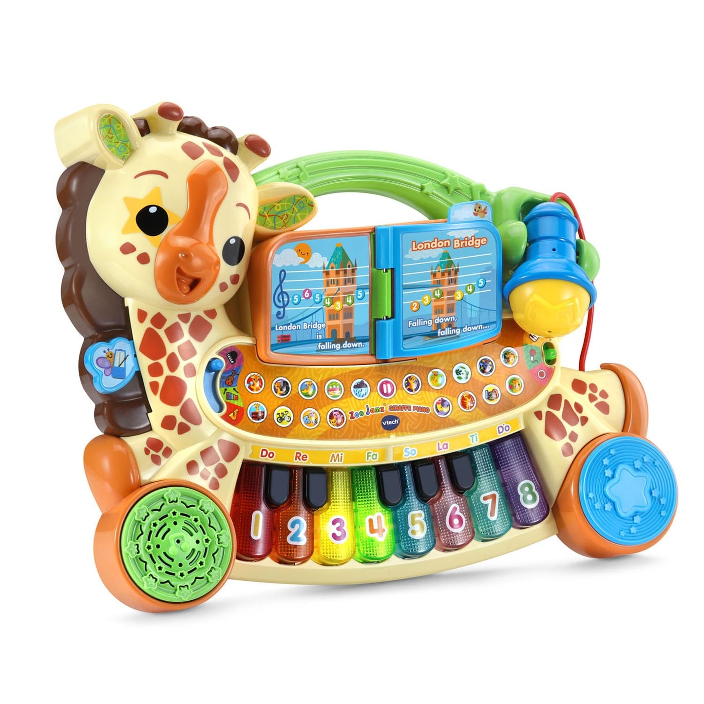Vtech giraffe toy keyboard with lit up keys and built in music book close up
