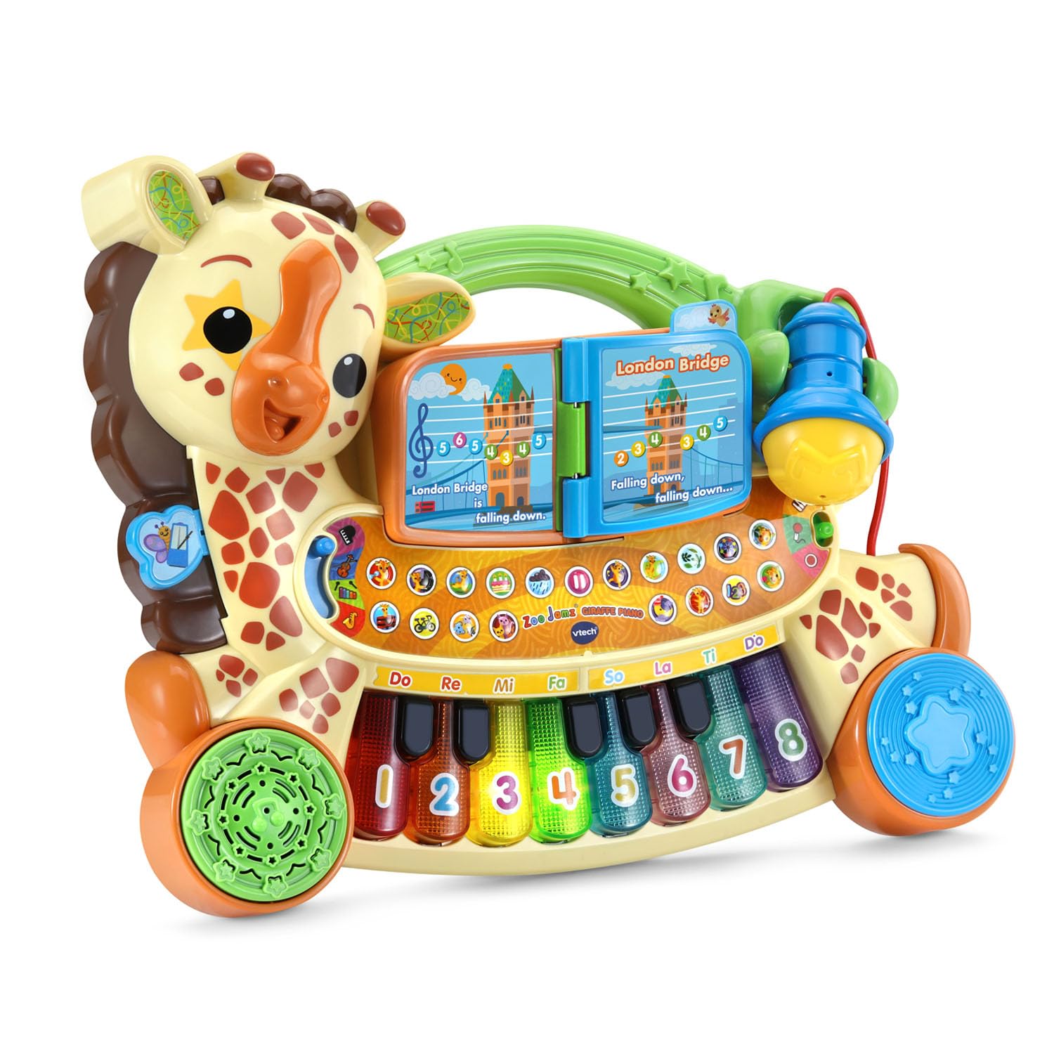 Vtech giraffe toy keyboard with lit up keys and built in music book close up