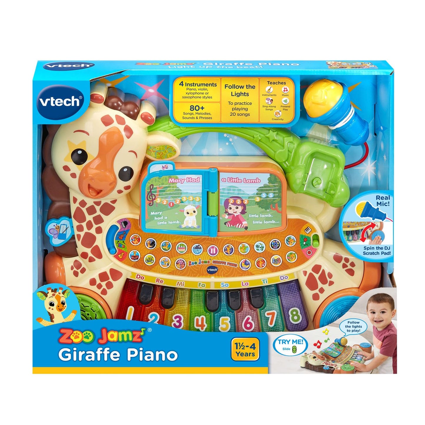 Durable plastic giraffe piano for toddlers showing the volume and power controls