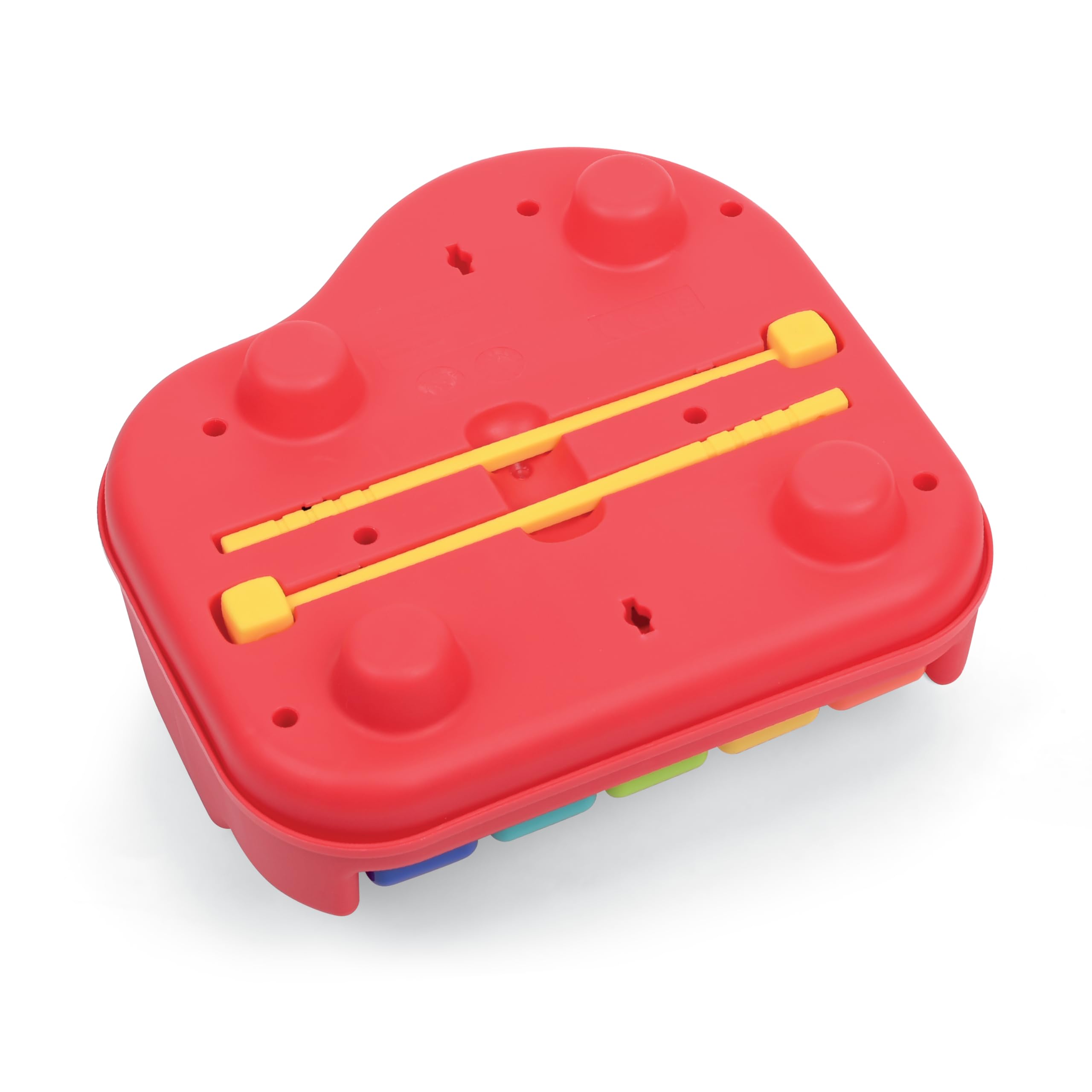 Side angle of the red footed two-in-one acoustic piano and xylophone for children.