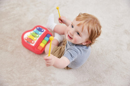 Compact travel-ready perspective of the battery-free Kidoozie piano xylophone toy.