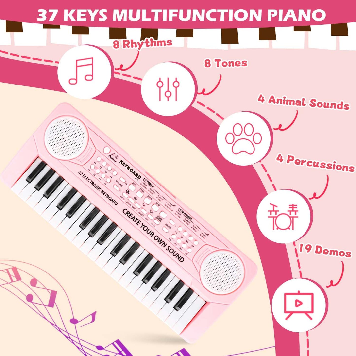 M SANMERSEN electronic toddler musical instrument displaying control buttons for tones, rhythms, and animal sounds.