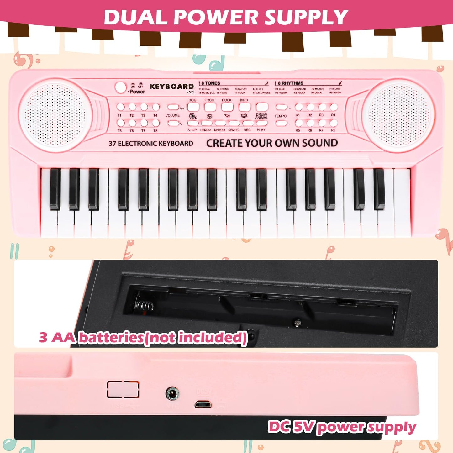 M SANMERSEN pink children's piano keyboard showing the dual power battery compartment and USB cable port connection.
