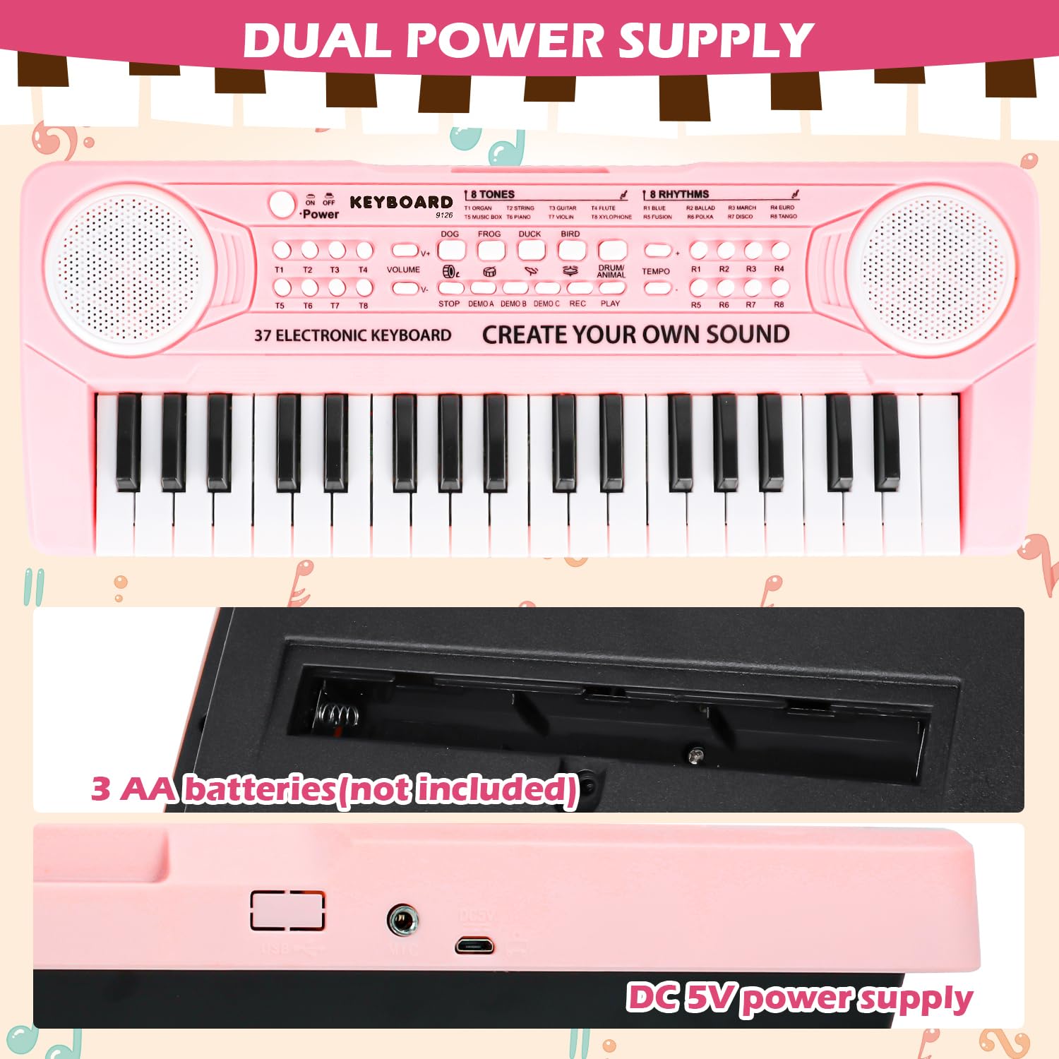 M SANMERSEN pink children's piano keyboard showing the dual power battery compartment and USB cable port connection.