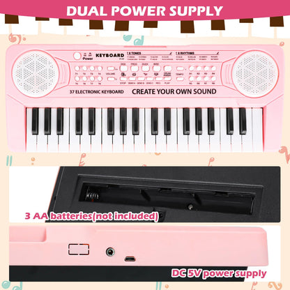 M SANMERSEN pink children's piano keyboard showing the dual power battery compartment and USB cable port connection.