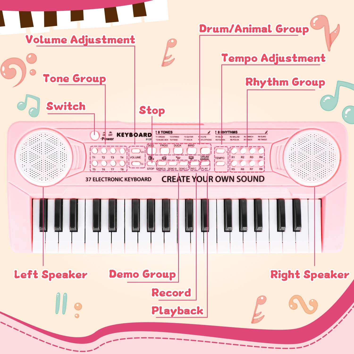 Side view of the lightweight portable M SANMERSEN early learning musical instrument toy for girls and boys.