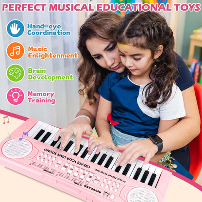M SANMERSEN kids electronic keyboard setup on a table with the microphone plugged in and ready for sensory play.