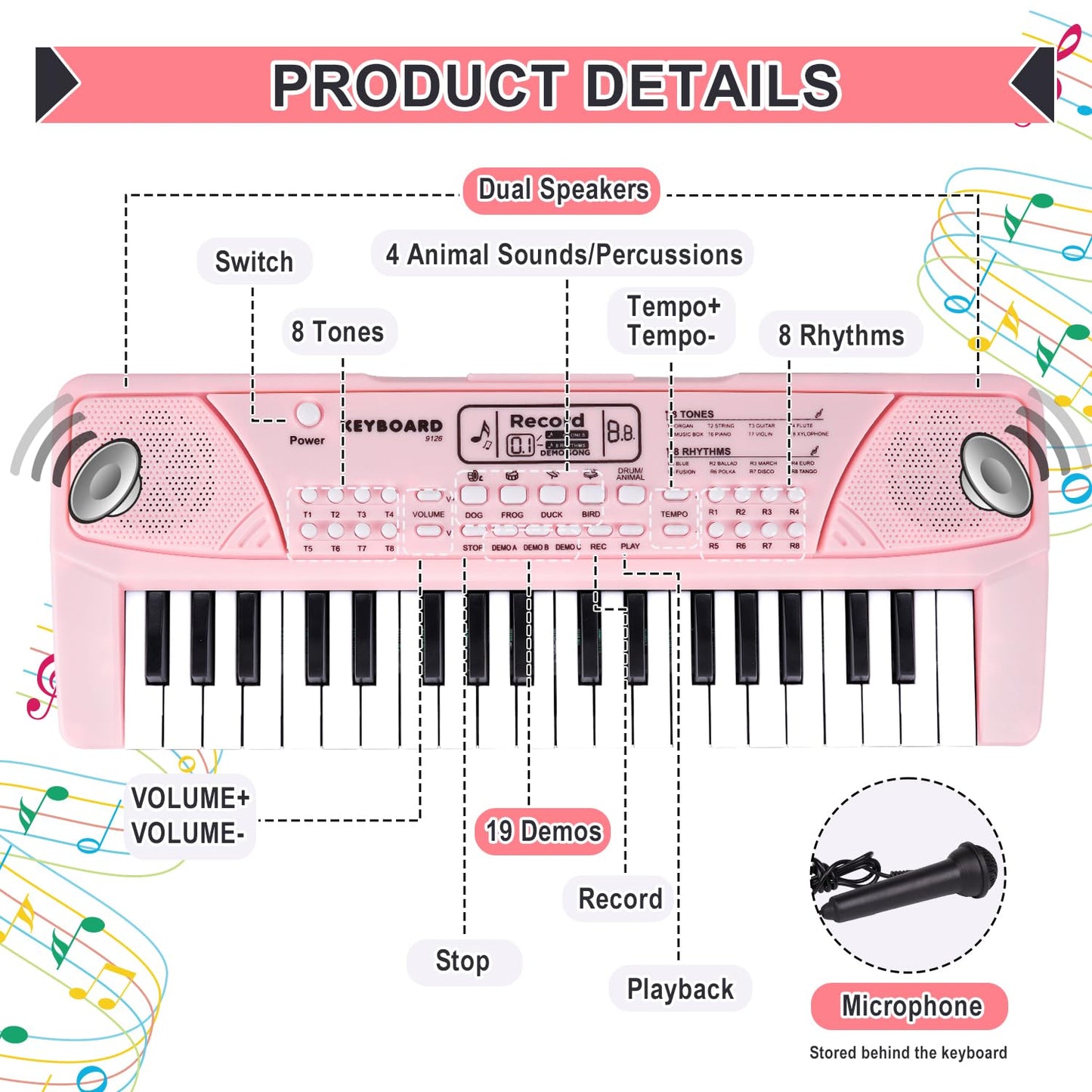 Compact kids portable musical instrument showing dual speakers and control buttons