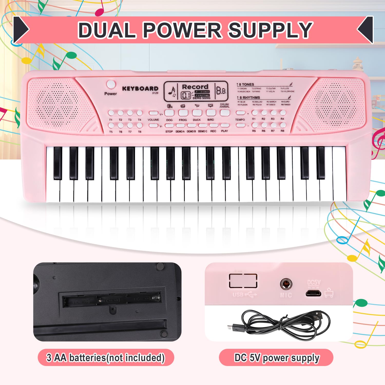 Pink musical toy keyboard for young girls aged three to six years old