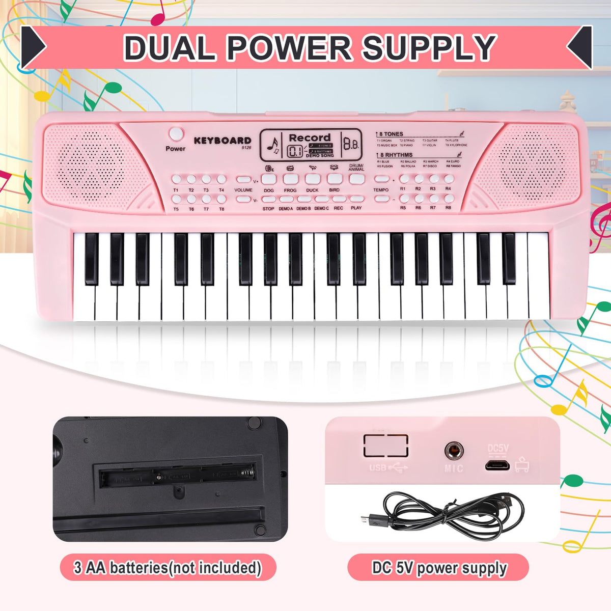 Pink musical toy keyboard for young girls aged three to six years old