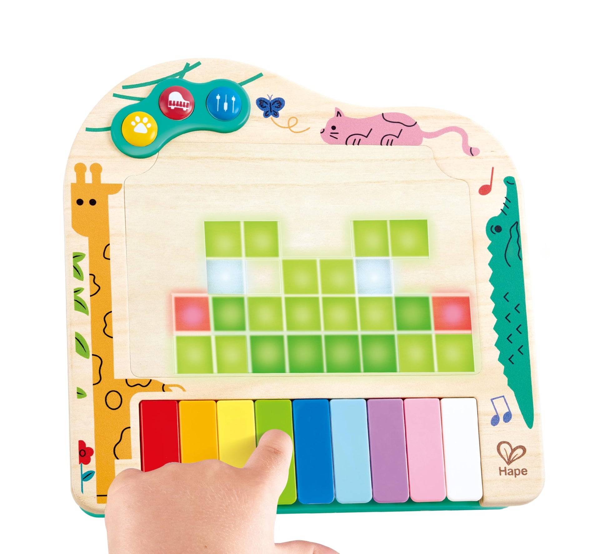 Hape wooden pixel piano toy showing glowing LED screen graphics