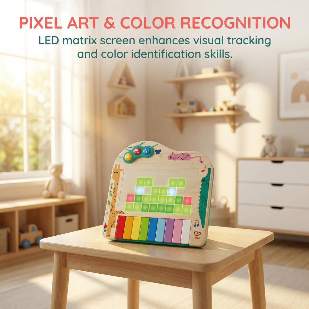 Toddler playing with the Hape interactive wooden piano instrument