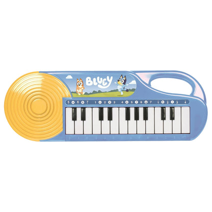 Portable Bluey educational learning keyboard toy highlighting twenty-three individual white and black keys.