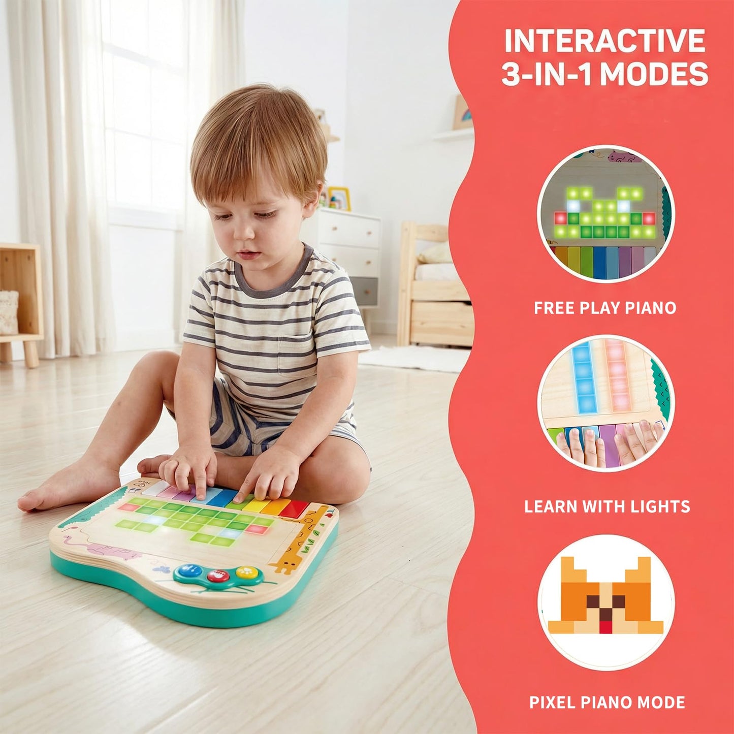 Hape 3 in 1 interactive sensory piano toy packaging box view