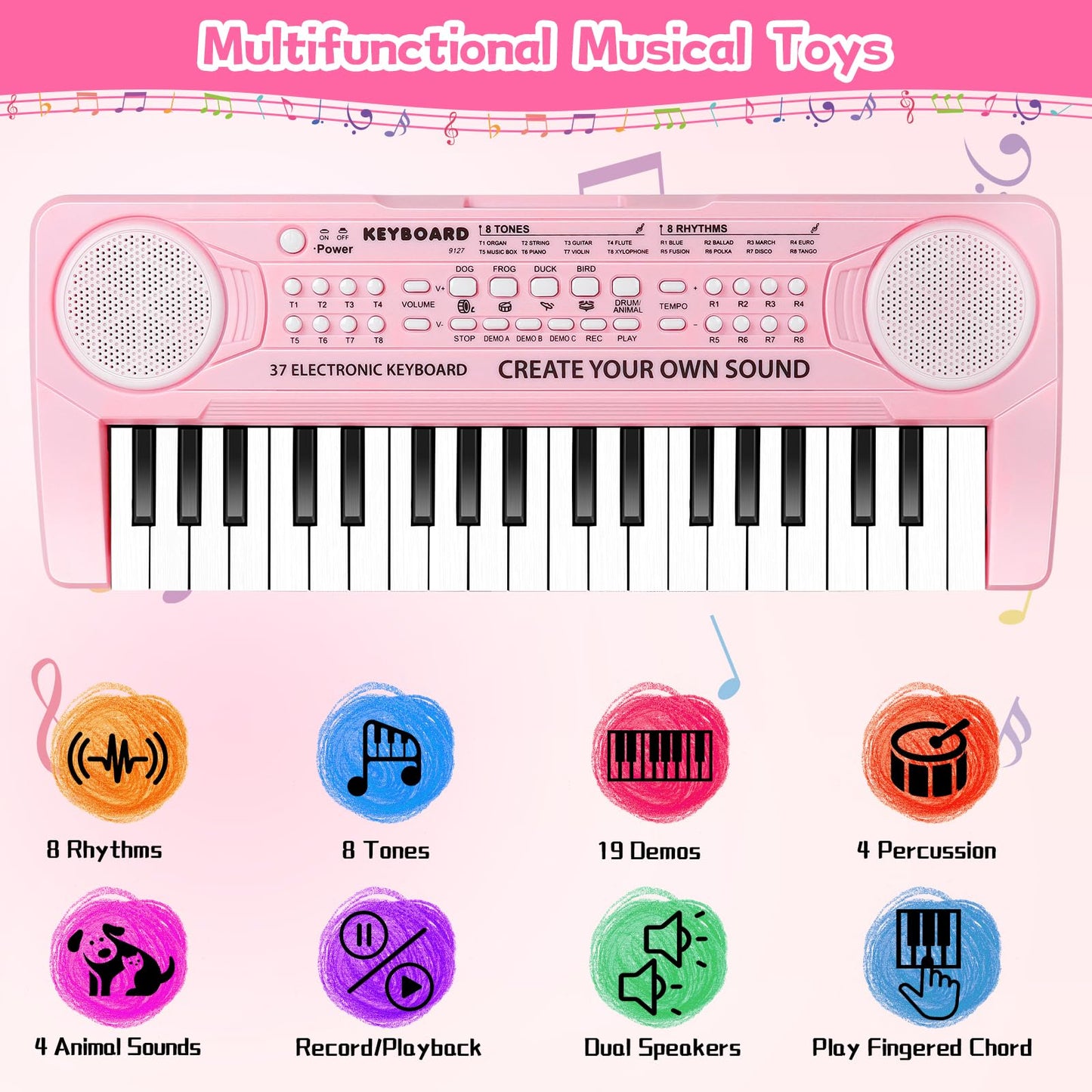 TWFRIC pink 37 key toddler piano displaying the top interactive dual speaker design layout