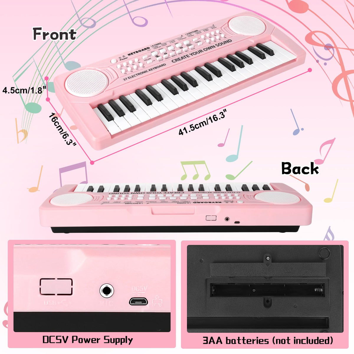 TWFRIC kids pink digital piano toy showing comparison size perfect for young beginner hands