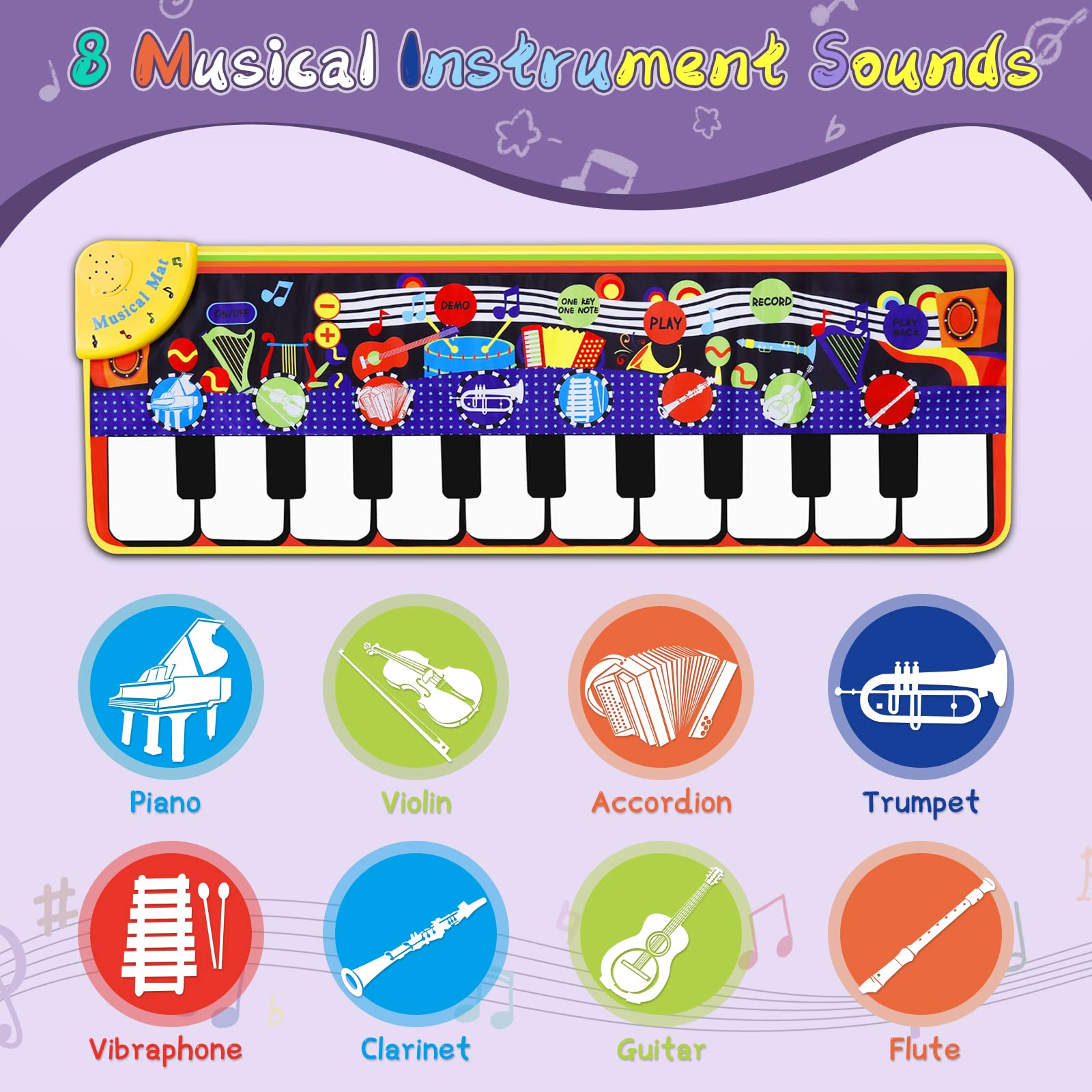 Close up view of the electronic control box on the toddler music mat highlighting the battery compartment and power switch