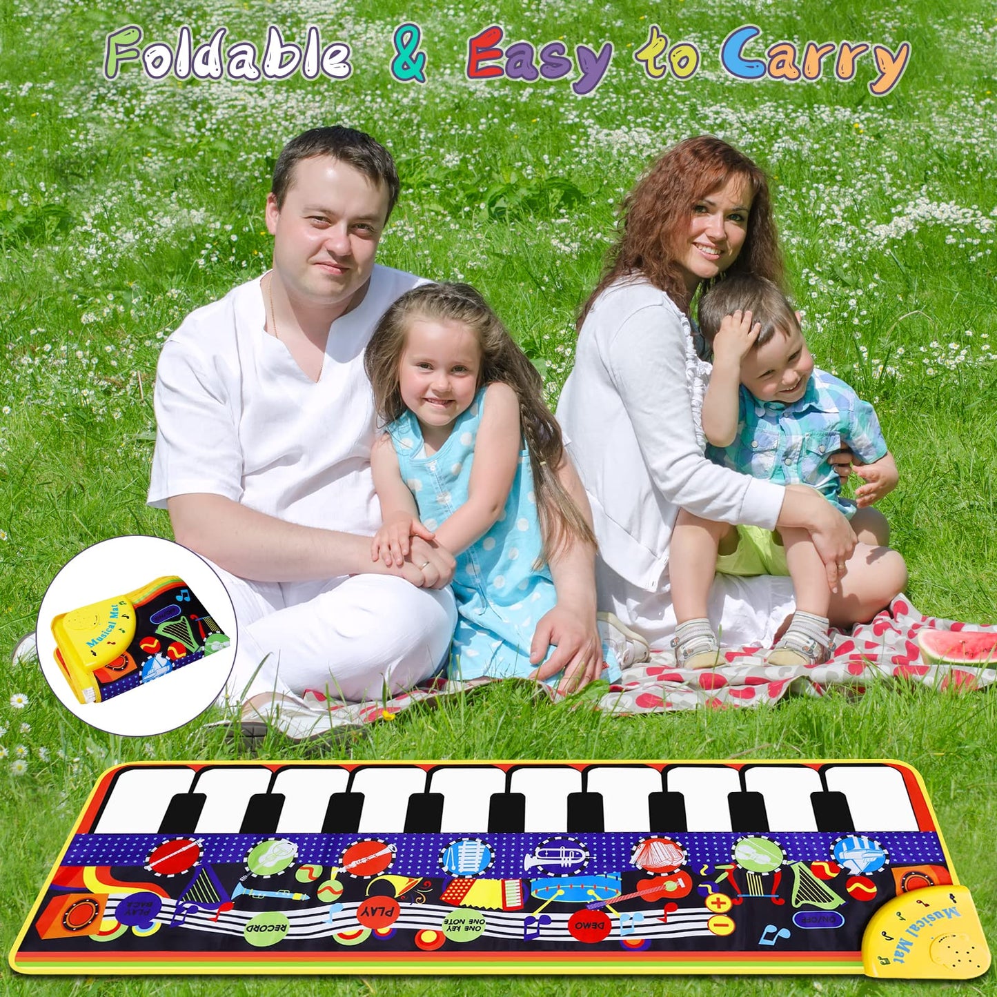 Full layout of the forty three inch imported interactive music playmat emphasizing the eight instrument modes