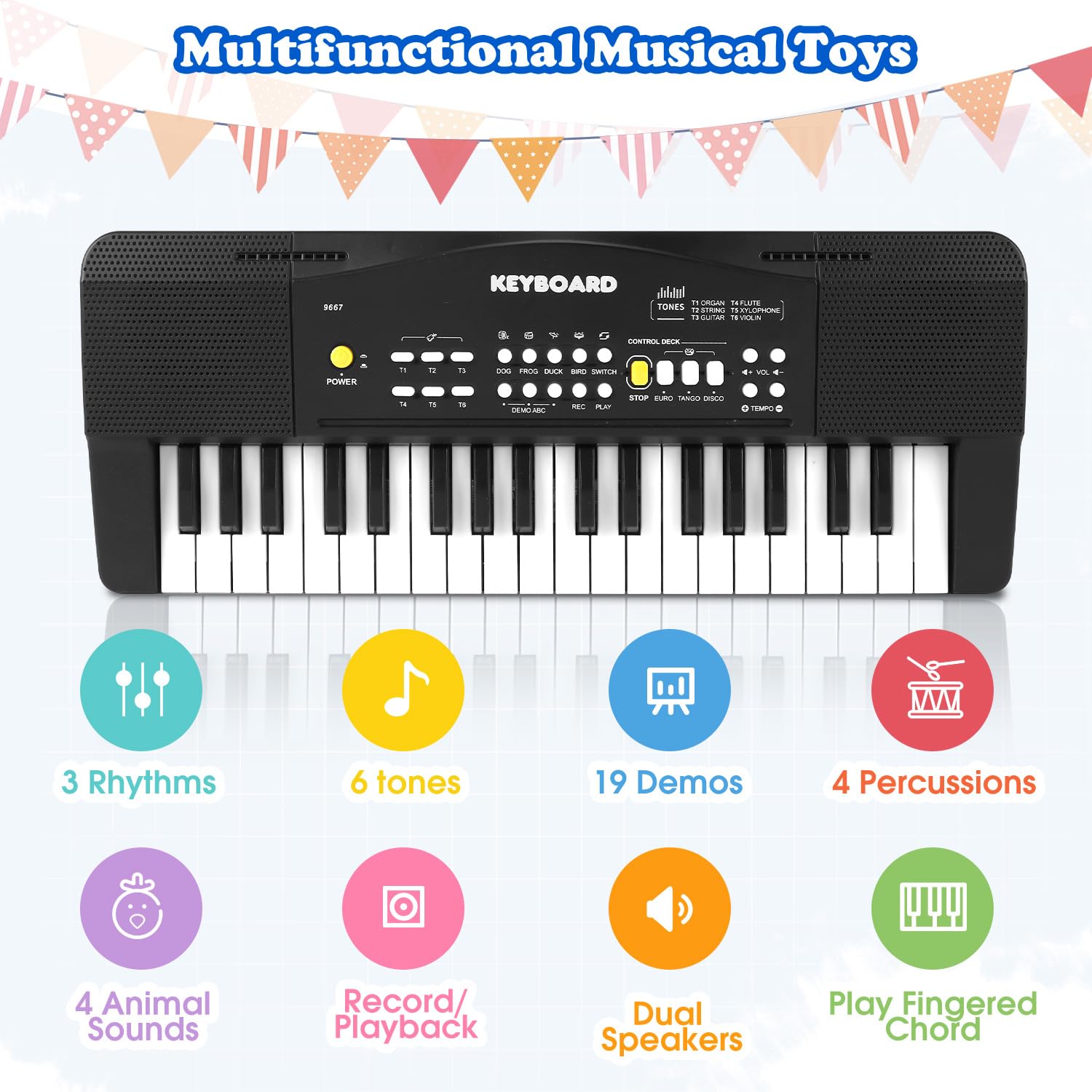 M SANMERSEN children electric piano with attached mini microphone on a white background