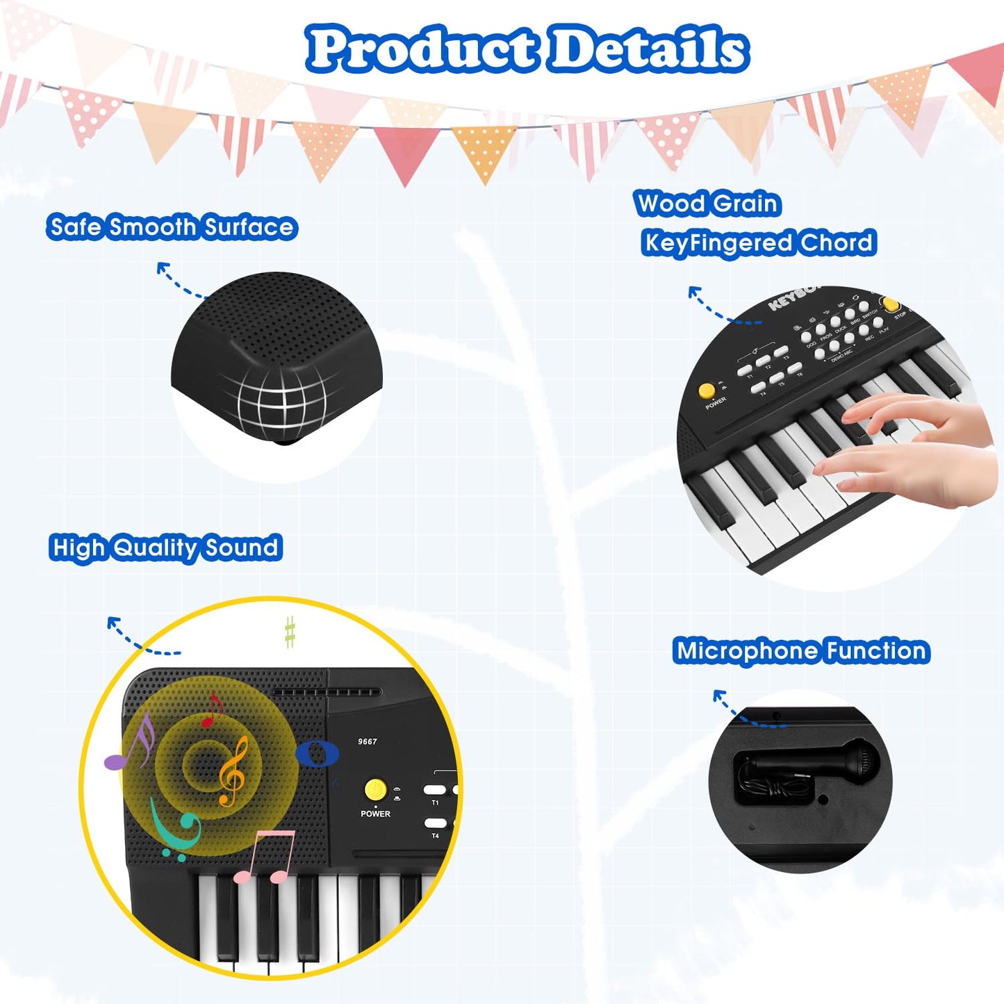 Rear view of the M SANMERSEN electronic toy keyboard highlighting the USB power port input