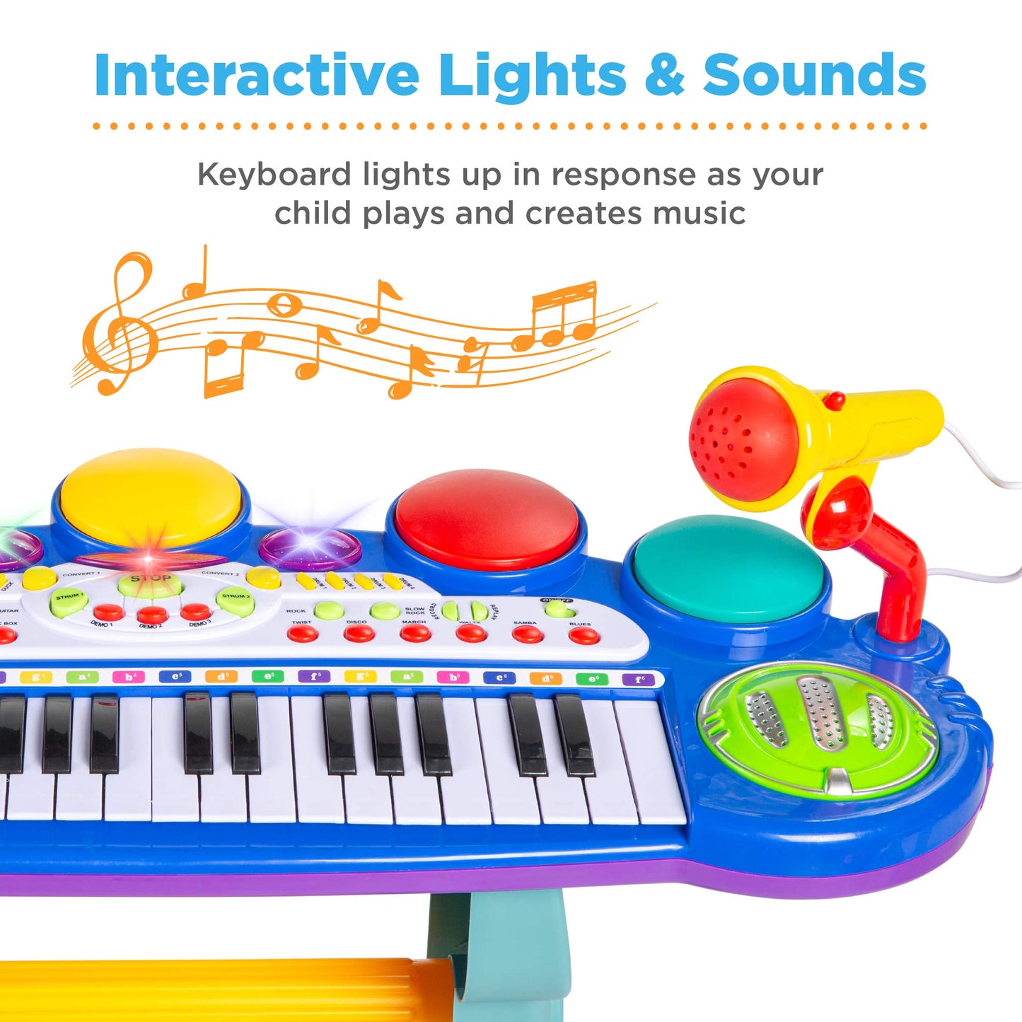 Side angle view of the blue toddler musical instrument station with adjustable microphone and stand attachment