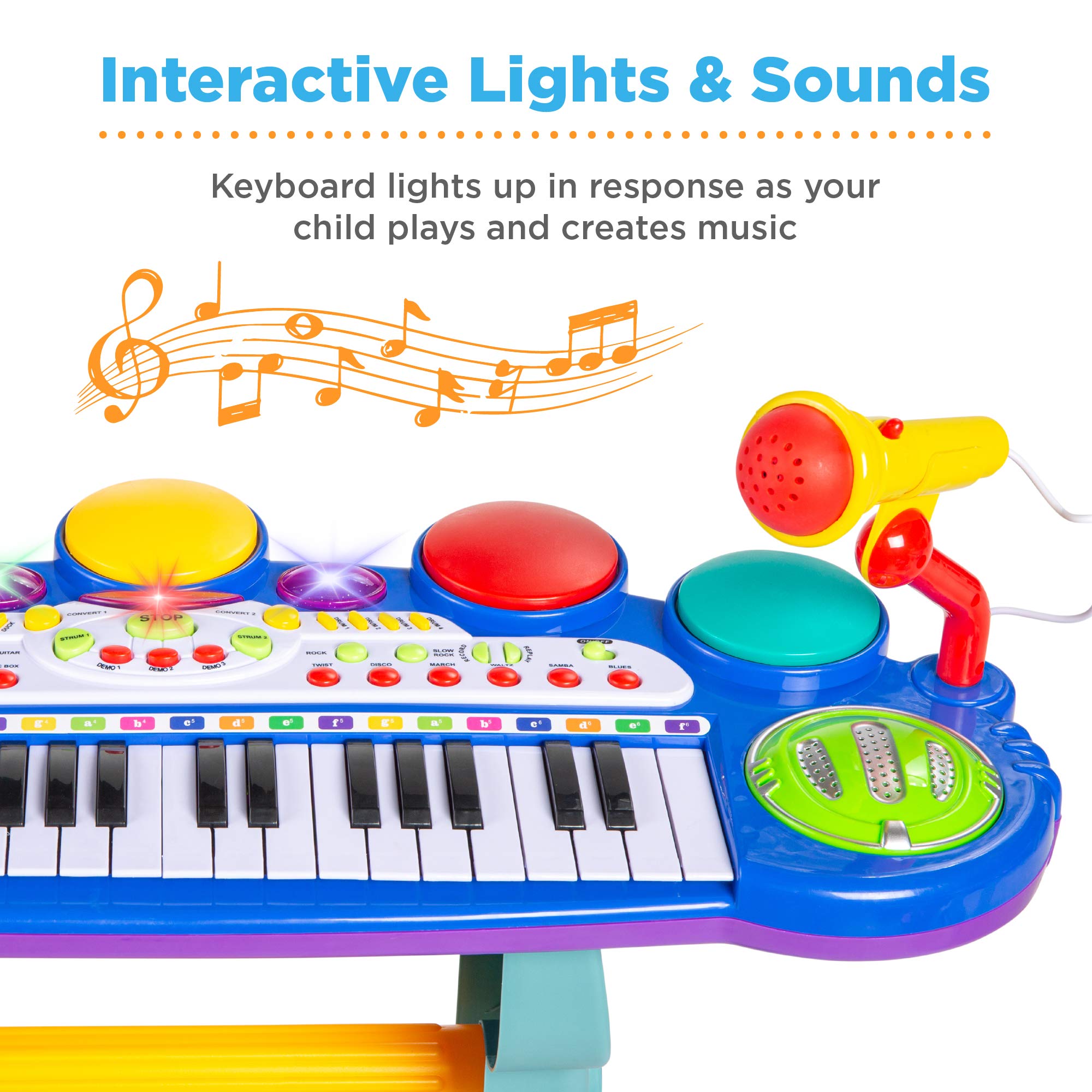 Side angle view of the blue toddler musical instrument station with adjustable microphone and stand attachment