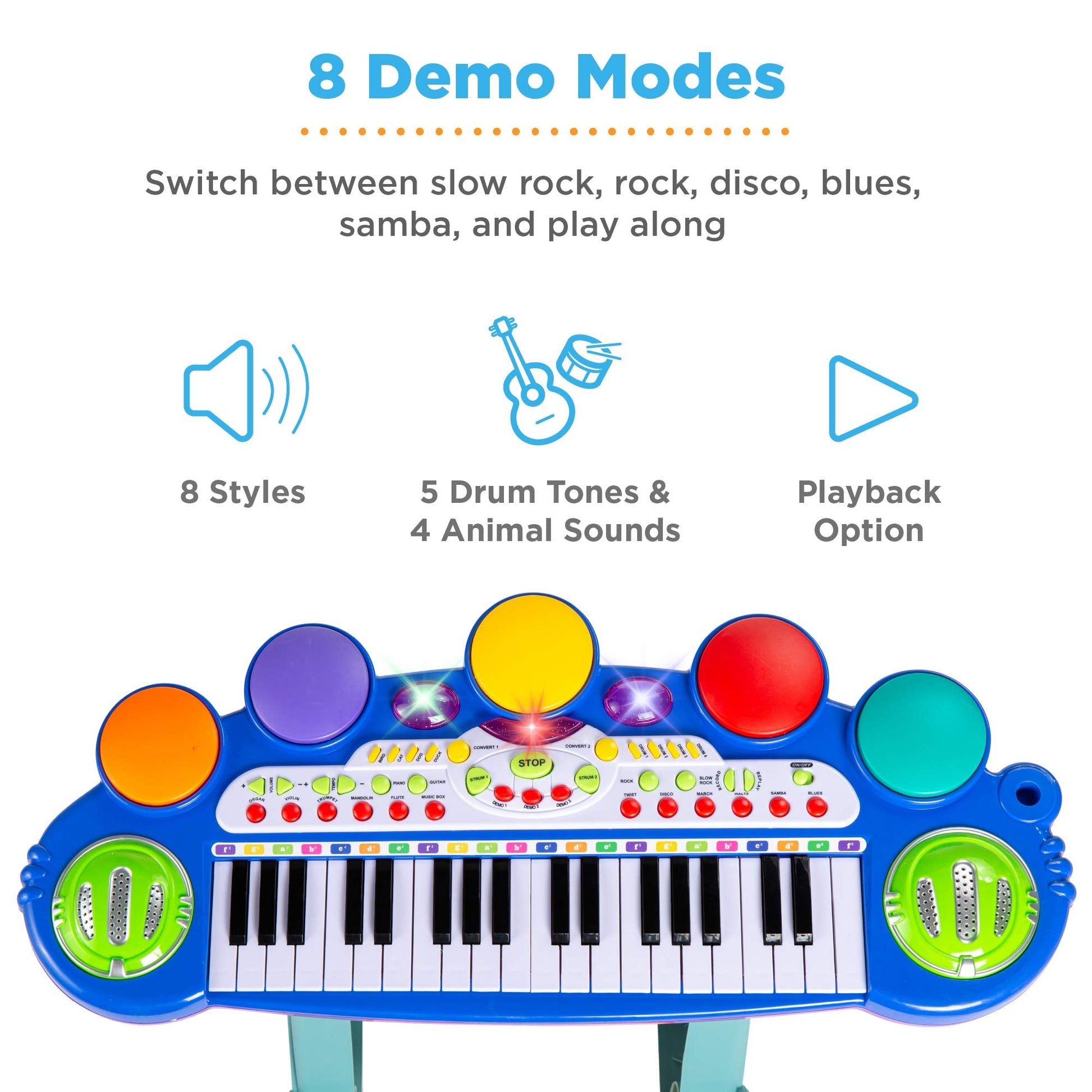 Close-up detail of the interactive electronic control panel featuring instrument sound buttons and animal sound modes