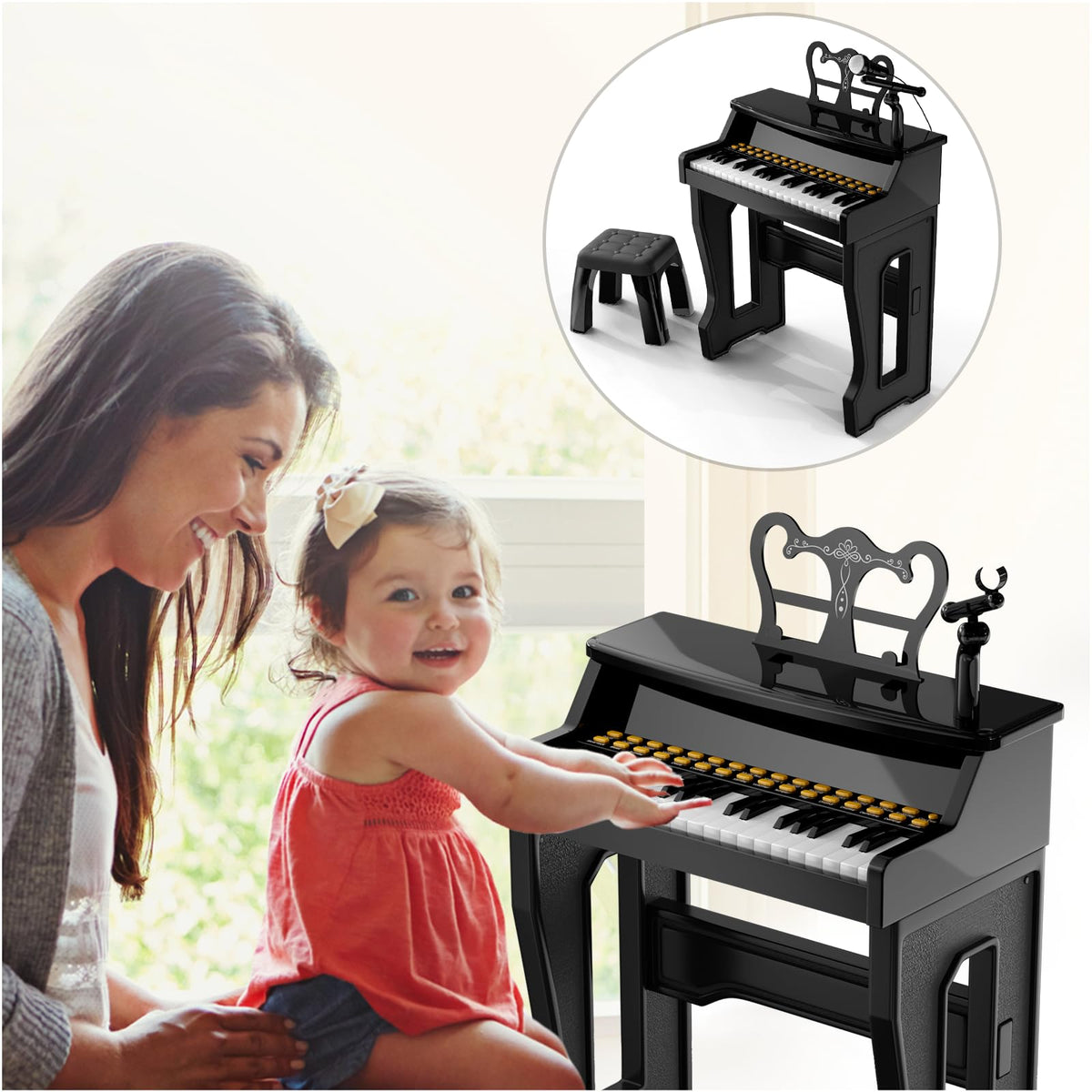 Gayuplo portable toddler piano displaying side view angle with matching stool