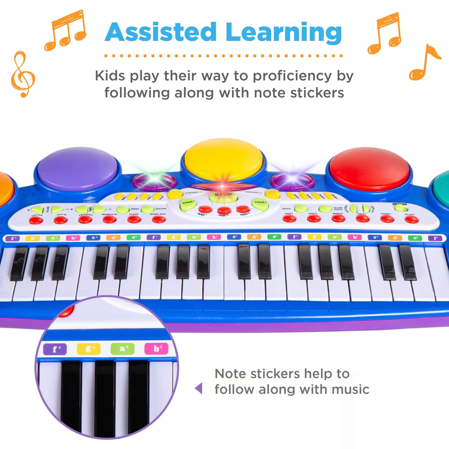 Authentic USA imported children's piano toy set with colorful learning stickers applied above the keys