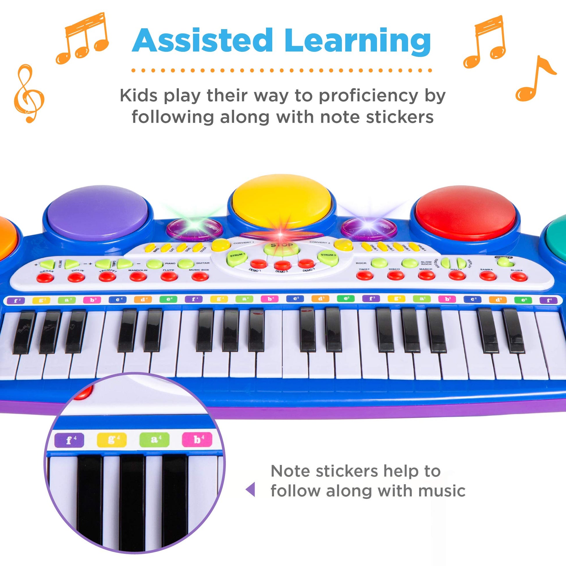 Authentic USA imported children's piano toy set with colorful learning stickers applied above the keys