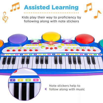 Authentic USA imported children's piano toy set with colorful learning stickers applied above the keys
