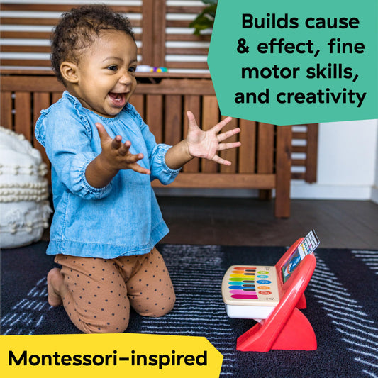 Baby Einstein interactive musical baby toy showing the buttonless wood touch-sensitive panel surface.