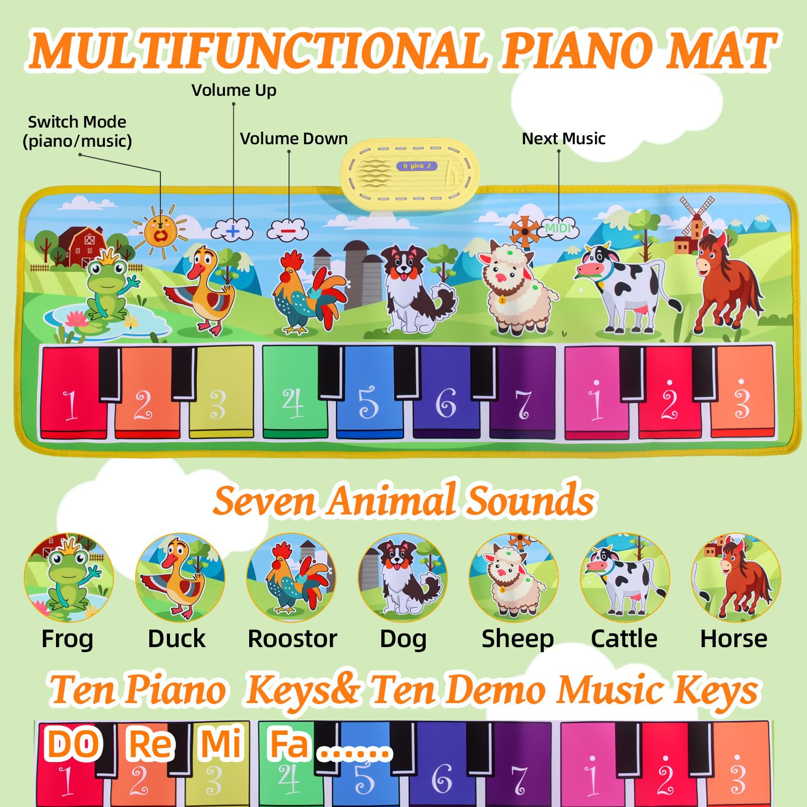 Toddler playing with the Foki floor piano and drum mat using two drumsticks