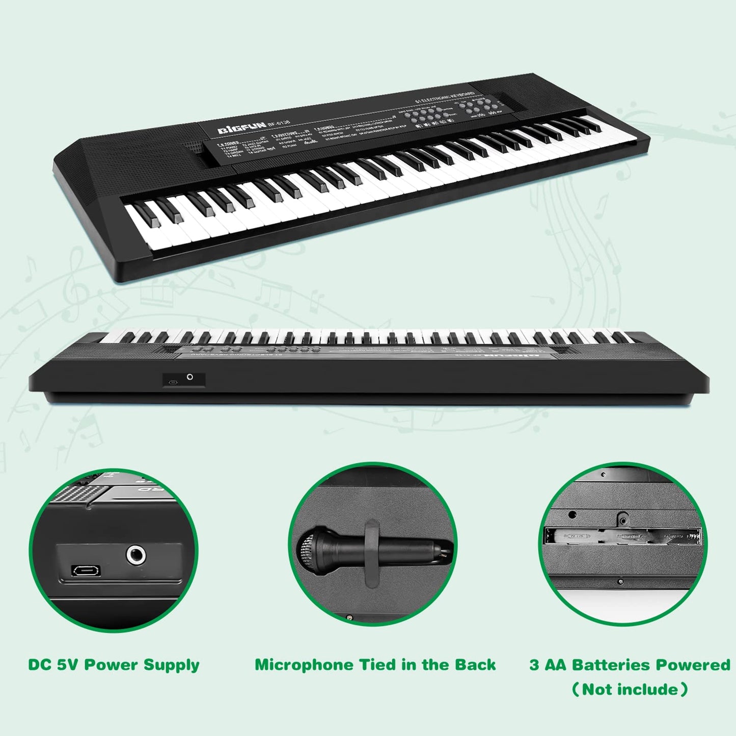 M SANMERSEN black 61 key beginner keyboard showing rear battery compartment