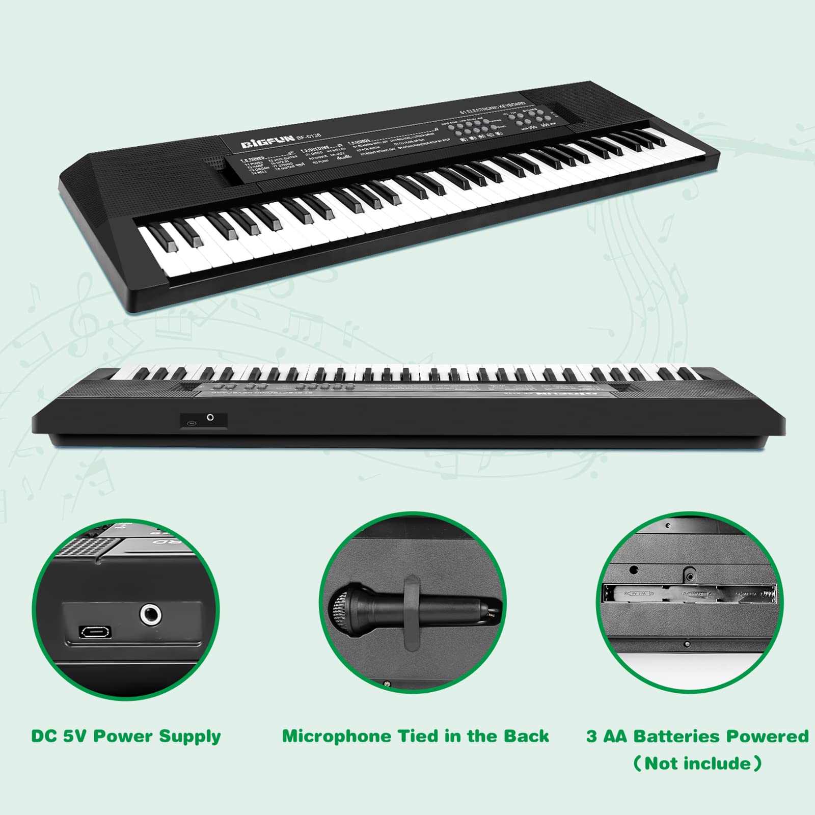 M SANMERSEN black 61 key beginner keyboard showing rear battery compartment