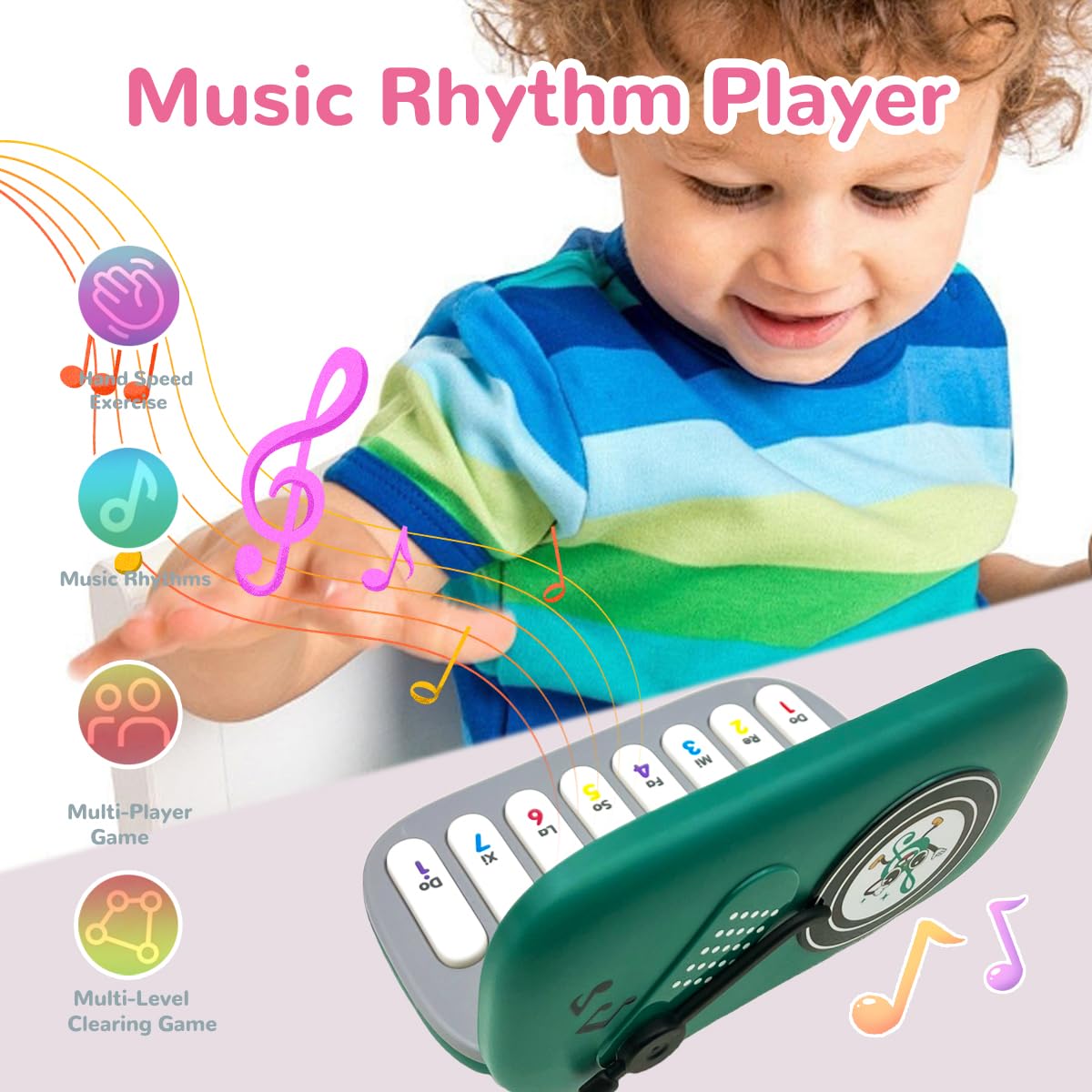 Side view of the portable green travel learning keyboard for toddlers highlighting the smooth edges