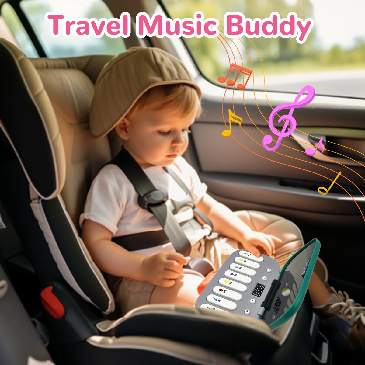Compact 180 gram travel musical toy being held to demonstrate small size and portable build
