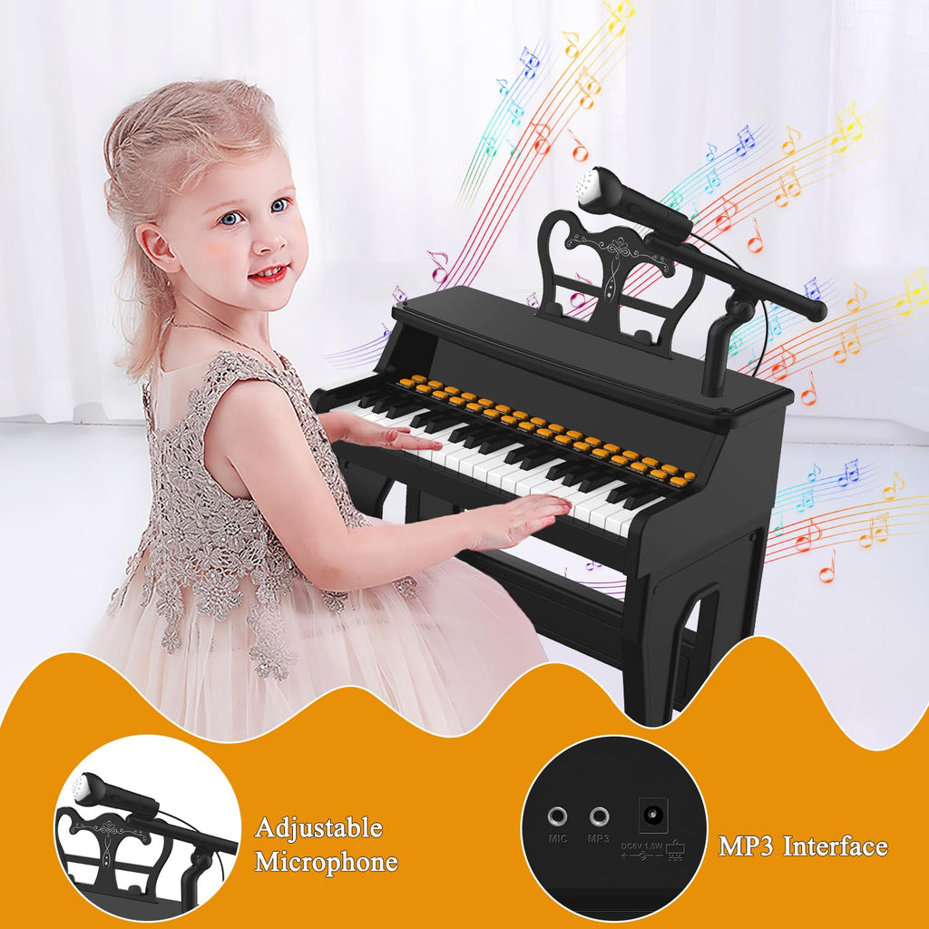 Dollox miniature toy piano keyboard set featuring the included black seating stool.