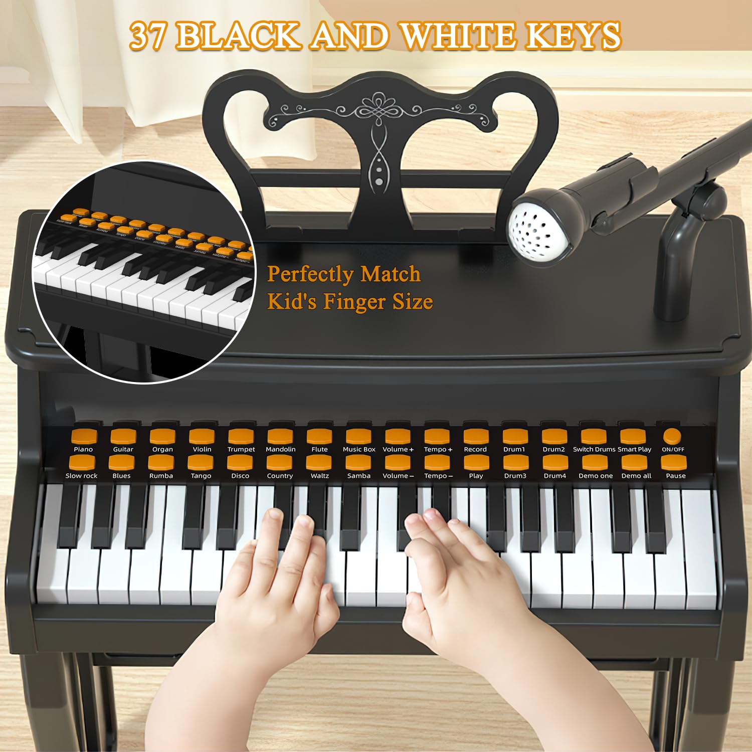 Dollox kids electric piano displaying the interactive rhythm and instrument selection keys.