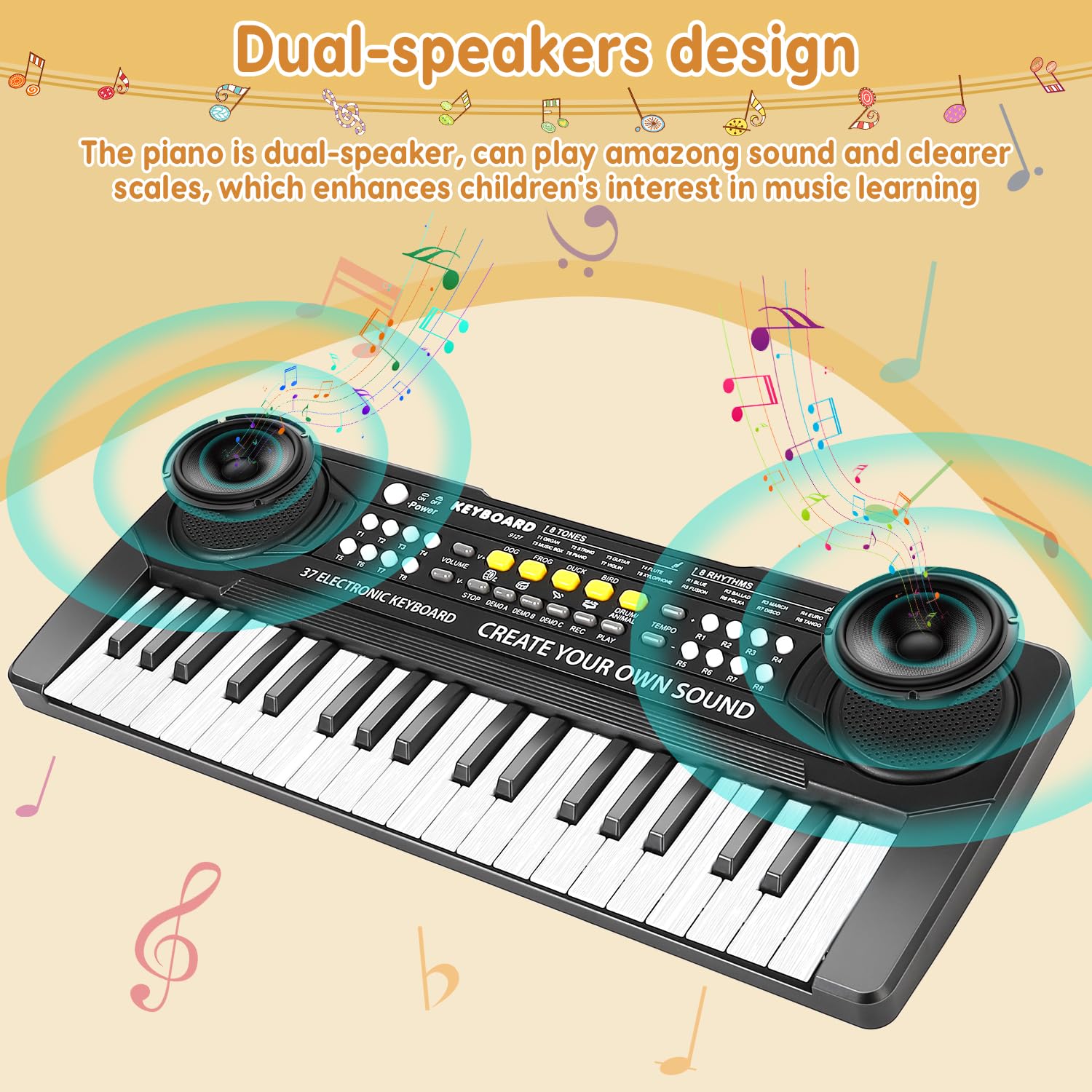 Kavana electronic piano for beginners with attached mini microphone toy close up