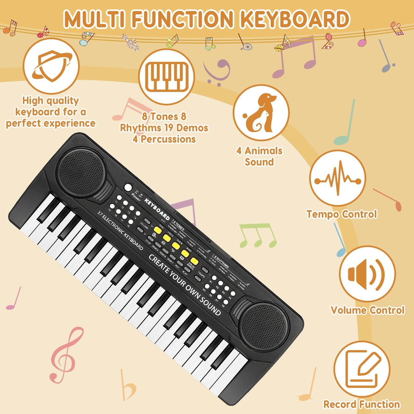 Top view of Kavana children musical keyboard showcasing tone and rhythm function buttons