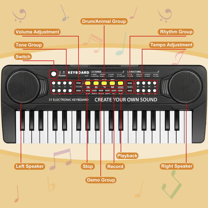 Kavana 37 key kids piano showing the back panel with dual power supply options