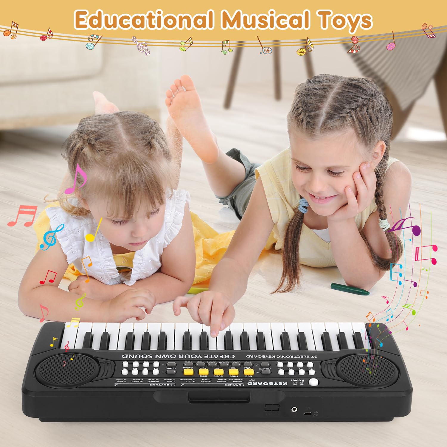Packaging box of Kavana 37 keys piano toy for kids highlighting its educational features