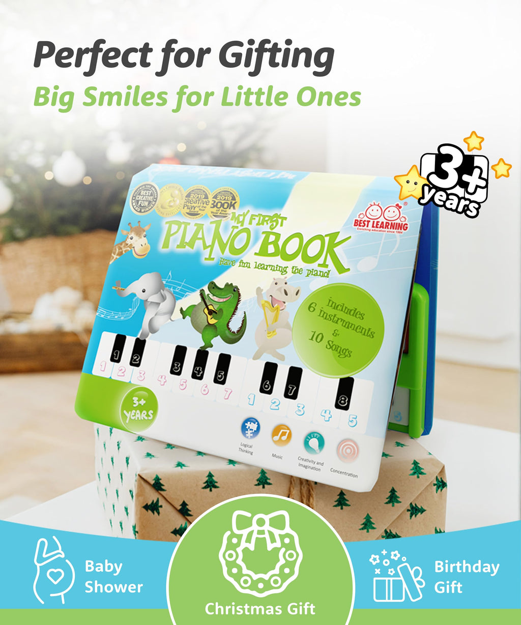 Close up view of the color coded keys and instrument selection buttons on the interactive preschool piano toy.